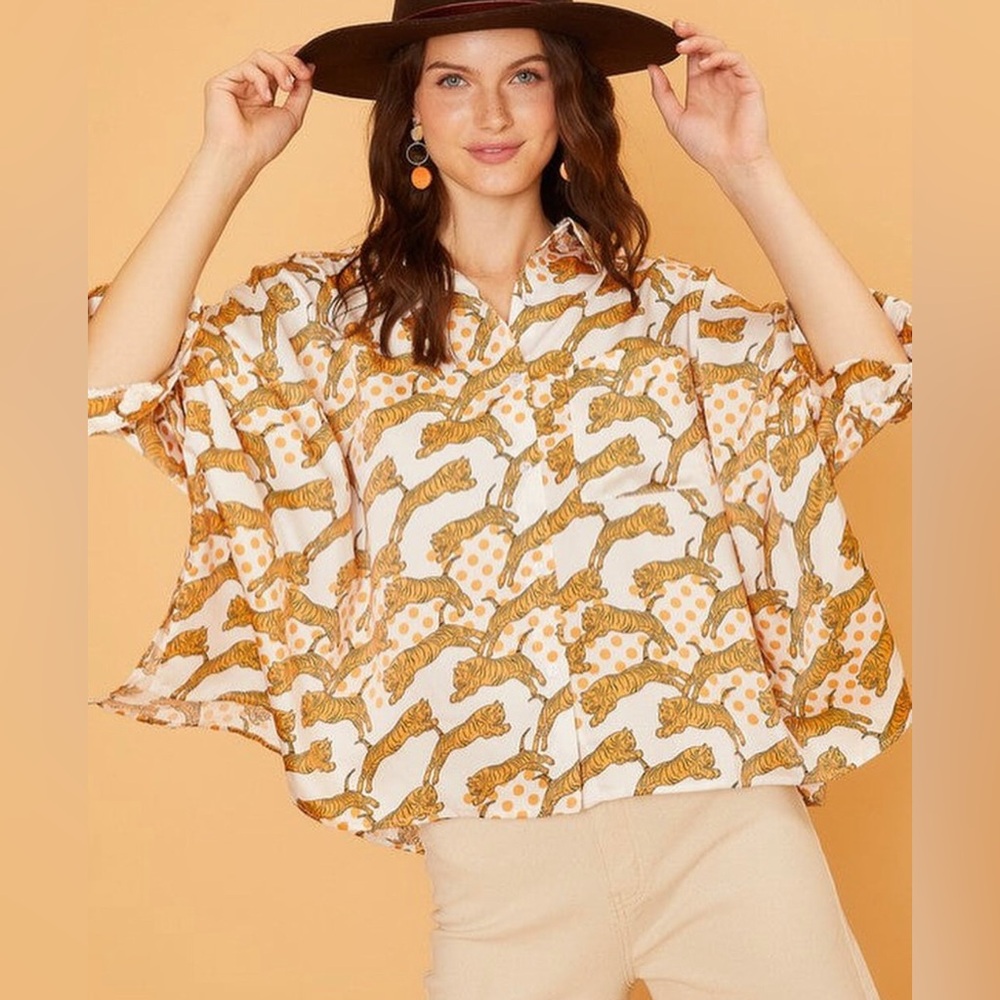 AnnieWear Cheetah Oversized Flowy Button Down Blouse